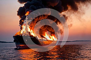 Cargo ship, shipping vessel on fire in the ocean, marine disaster failure