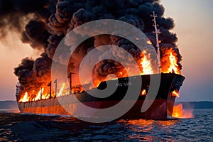 Cargo ship, shipping vessel on fire in the ocean, marine disaster failure