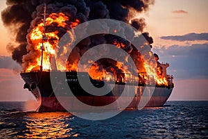 Cargo ship, shipping vessel on fire in the ocean, marine disaster failure