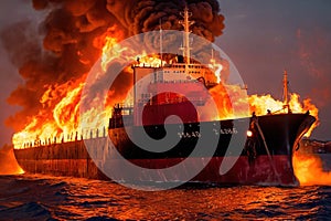 Cargo ship, shipping vessel on fire in the ocean, marine disaster failure