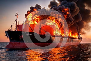 Cargo ship, shipping vessel on fire in the ocean, marine disaster failure