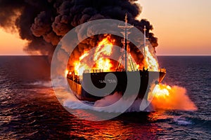 Cargo ship, shipping vessel on fire in the ocean, marine disaster failure