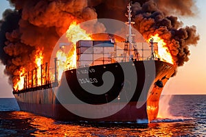 Cargo ship, shipping vessel on fire in the ocean, marine disaster failure