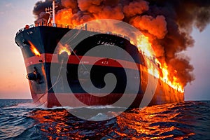 Cargo ship, shipping vessel on fire in the ocean, marine disaster failure