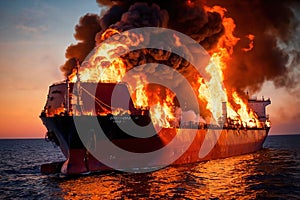 Cargo ship, shipping vessel on fire in the ocean, marine disaster failure