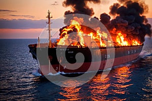 Cargo ship, shipping vessel on fire in the ocean, marine disaster failure