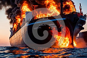 Cargo ship, shipping vessel on fire in the ocean, marine disaster failure