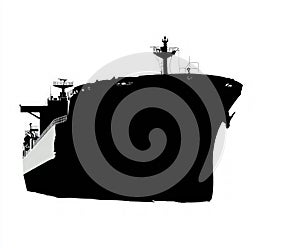 cargo ship silhouette , black and white illustration isolated on white background