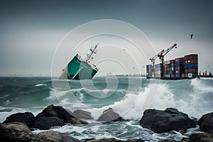 Cargo ship sinks at sea. Wreck on the coast. Neural network AI generated