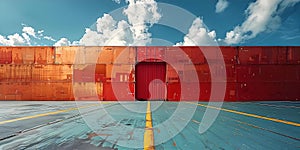 Cargo ship stern with containers against blue sky symbolizing global trade and logistics services.