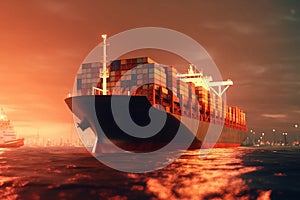 cargo ship at sunset. Generative AI.
