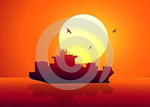 Cargo Ship in Sunset - vector