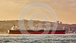 Cargo ship tanker in Bosphorus Strait about to pass under Bosphorus bridge