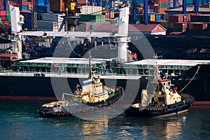 Cargo ship and tug boat in port