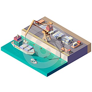 Cargo ship unloading in seaport isometric vector