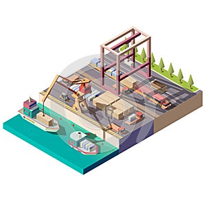 Cargo ship unloading in seaport isometric vector