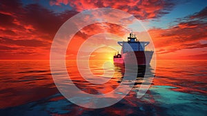 A cargo ship in warm colors of sunlight at sunset photo realistic - Generative AI.