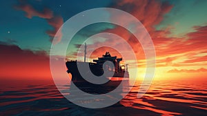 A cargo ship in warm colors of sunlight at sunset photo realistic - Generative AI.