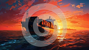 A cargo ship in warm colors of sunlight at sunset photo realistic - Generative AI.