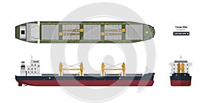 Cargo ship on a white background. Top, side and front view. Container transport in flat style. Industrial drawing