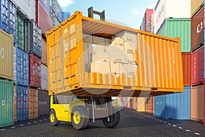 Cargo, shipment, delivery, logistics and freight transportation service. Cross section of  container with cardboard boxes loading