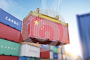 Cargo shipping container with China flag in a port harbor. Production, delivery, shipping and freight transportation of chinese