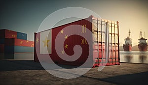 Cargo shipping container with China flag in a port harbor. Production, delivery, shipping and freight transportation. Generative