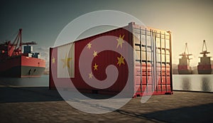 Cargo shipping container with China flag in a port harbor. Production, delivery, shipping and freight transportation. Generative