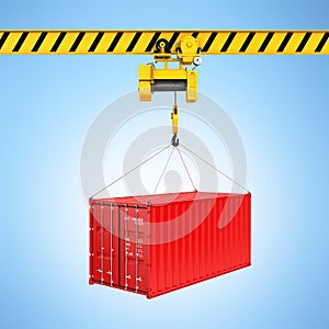 Cargo shipping container loading concept the crane lifts the container on blue gradient background 3d
