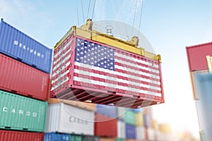 Cargo shipping container with USA United States flag in a port harbor. Production, delivery, shipping and freight transportation