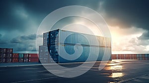 Cargo shipping container working at sea port logistic busi. AI Generative