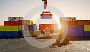 Cargo shipping container working at sea port, logistic business concept