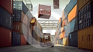 Cargo shipping containers in storage area with forklifts. Delive