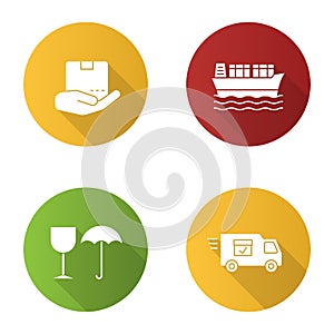 Cargo shipping flat design long shadow glyph icons set