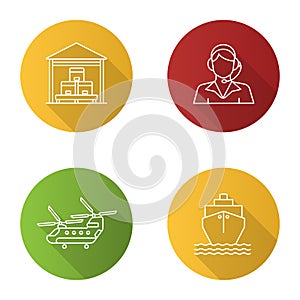 Cargo shipping flat linear long shadow icons set