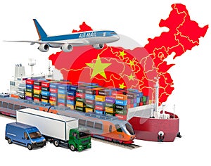 Cargo shipping and freight transportation in China by ship, airplane, train, truck and van. 3D rendering