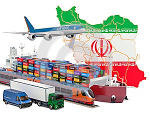 Cargo shipping and freight transportation in Iran by ship, airplane, train, truck and van. 3D rendering