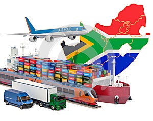 Cargo shipping and freight transportation in South Africa by ship, airplane, train, truck and van. 3D rendering