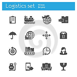 Cargo, shipping, logistics flat gray icons set of 16