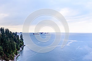 Cargo ships and boat in bay near shore