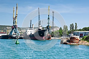 Cargo ships docked for loading in old harbor. The rusty buoy close-up.