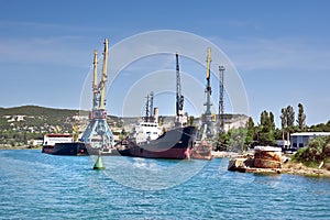 Cargo ships docked for loading in old harbor. The rusty buoy close-up.