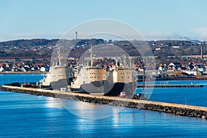 Cargo ships docked in port