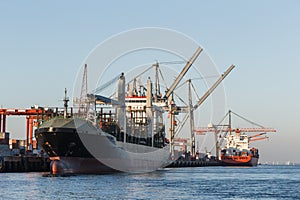 Cargo ships in port being loaded