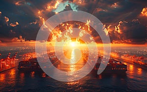 Cargo ships at sea at sunset. Aerial view Cargo ships in the sea at sunrise Aerial view 3d rendering