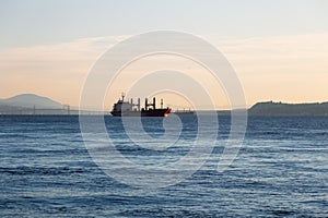 Cargo ships seen in the St. Lawrence River during a pink sunrise