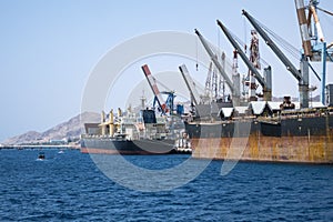 Cargo ships stand in the port