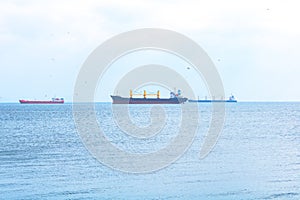 Cargo ships waiting on the sea to passing a canal or strait