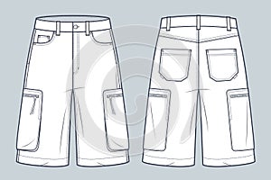 Cargo Shorts technical fashion illustration. Denim Short Pants fashion flat technical drawing template, pockets