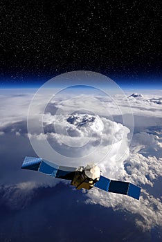 Cargo space craft and Earth planet. Dark background. Sci-fi wallpaper.Space Station Orbiting Earth.Space ship. Space art wallpaper